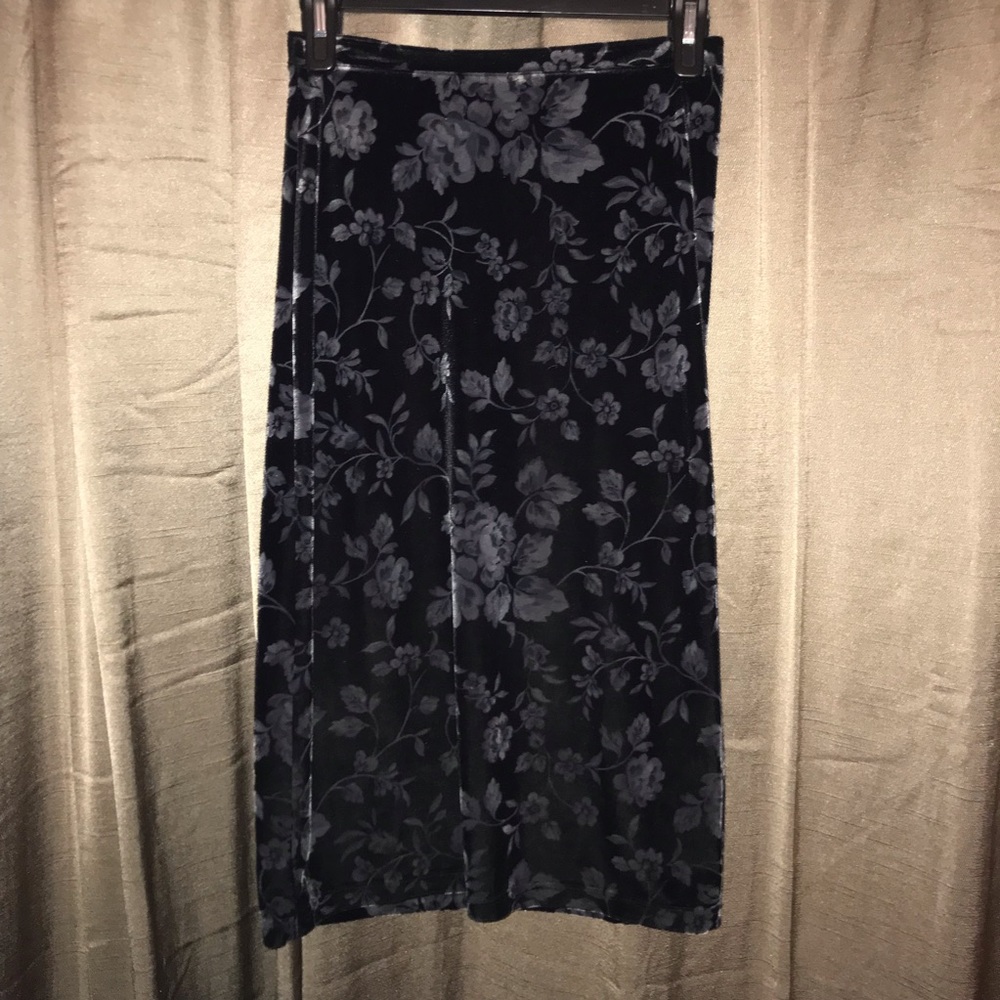 Long black velvet skirt with gray floral print